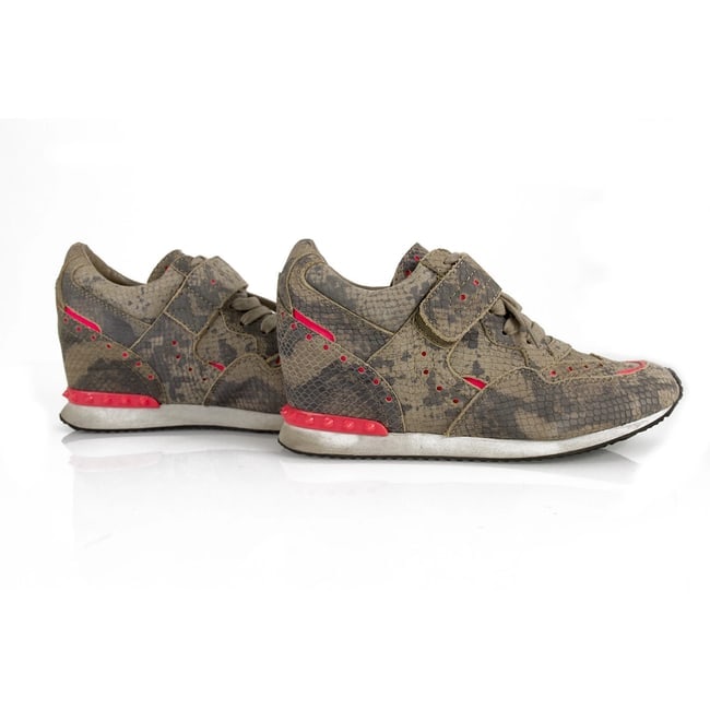 Ash Gray Leather Snakeskin Pattern Pink Trim Sneakers Wedge Trainers Shoes 40 - 7
