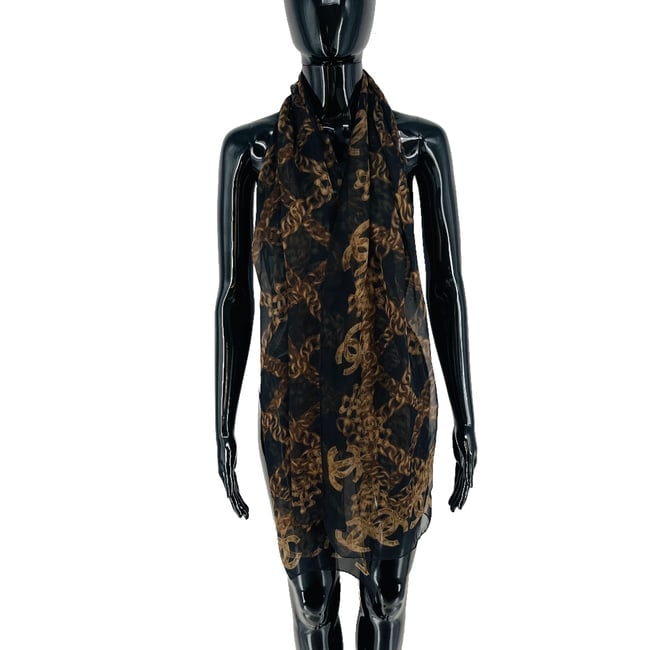 Chanel Black Printed 100% Silk Scarf - 3