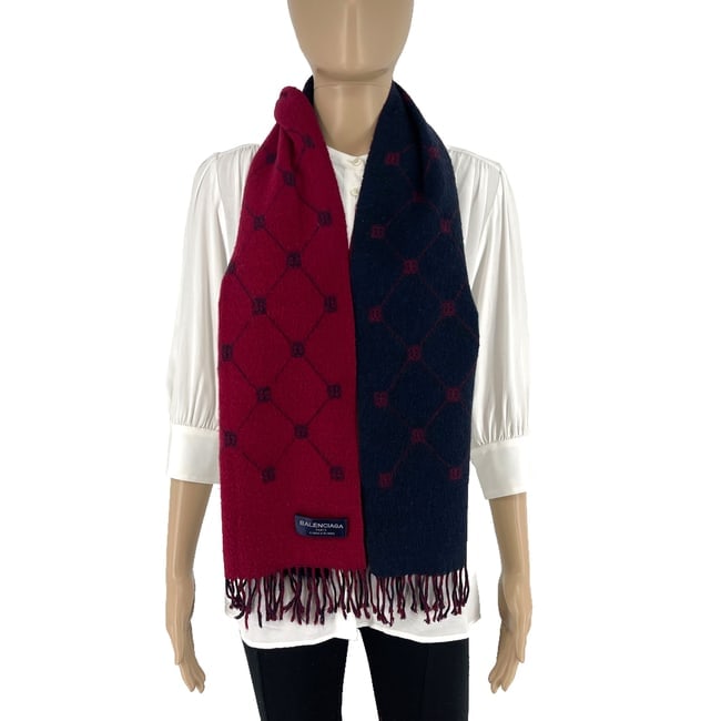 Balenciaga Navy Blue & Red 100% Wool Scarf - 3