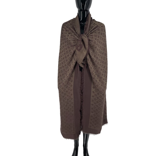 Louis Vuitton Pink Monogram Silk Wool Scarf: Title:Louis Vuitton Pink Monogram Silk Wool Scarf Brand:Louis Vuitton Date/Period:Modern Materials:50% Silk 30% Metal 20% Wool Size:One Size Description:Louis Vuitton Brown Monogram Silk Wool Scarf Re