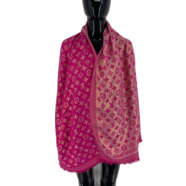 Louis Vuitton Pink Reversible Silk Wool Scarf: Title:Louis Vuitton Pink Reversible Silk Wool Scarf Brand:Louis Vuitton Date/Period:Modern Materials:94% Wool 6% Silk Size:One Size Description:Louis Vuitton Pink Reversible Silk Wool Scarf Reserve: $