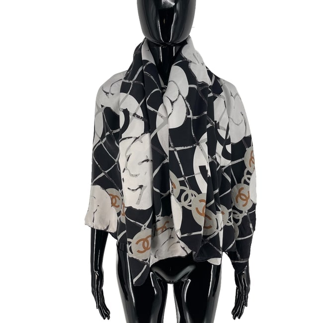 Chanel Black Printed 100% Silk Scarf - 2