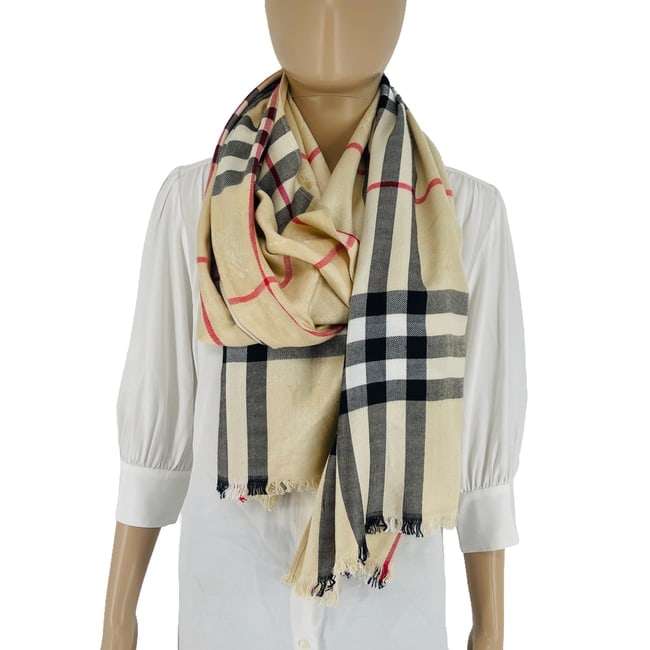 Burberry Beige Plaid Wide 100% Cashmere Scarf - 4