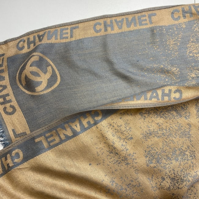 Chanel 100% Soft Thin Wool Gold & Grey Large Shawl - 5