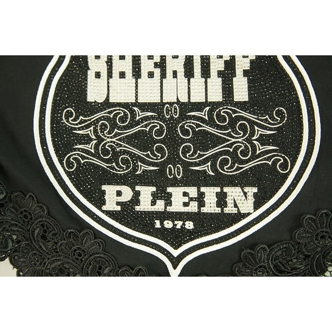 Philipp Plein Black Female Sheriff Rhinestones Short Sleeve T- Shirt lace hem - 4