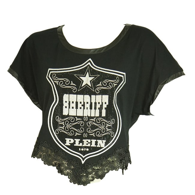 Philipp Plein Black Female Sheriff Rhinestones Short Sleeve T- Shirt lace hem - 7