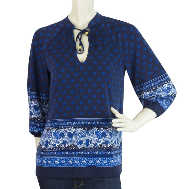 Michael Kors Blue Tie Neck 3/4 Sleeves Floral Tunic Top Blouse size P: Title:Michael Kors Blue Tie Neck 3/4 Sleeves Floral Tunic Top Blouse size P Description:Michael Kors Blue Tie Neck 3/4 Sleeves Floral Tunic Top Blouse size P This Boho Chic Michael Kors top features