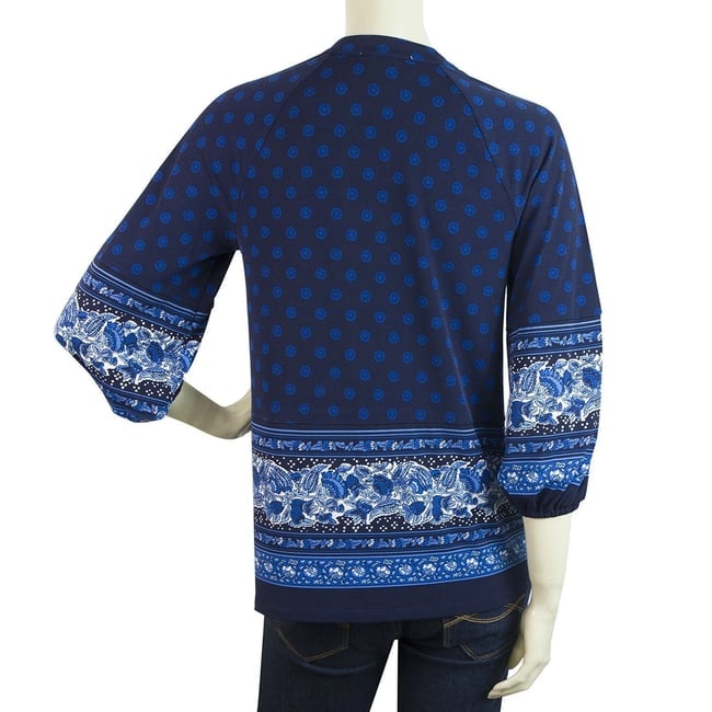 Michael Kors Blue Tie Neck 3/4 Sleeves Floral Tunic Top Blouse size P - 2