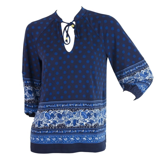 Michael Kors Blue Tie Neck 3/4 Sleeves Floral Tunic Top Blouse size P - 6