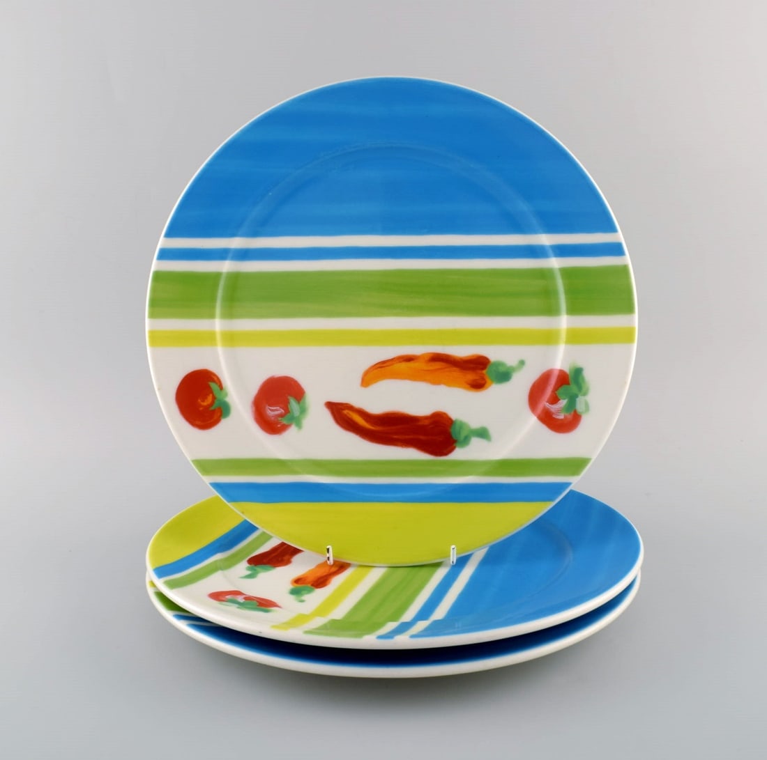 Rosenthal Designers Guild. Orchard Collection. Three large porcelain cover plates. Striped design,: Title: Rosenthal Designers Guild. Orchard Collection. Three large porcelain cover plates. Striped design, tomatoes and chillies. Late 20th century. Description: Rosenthal Designers Guild. Orchard Coll