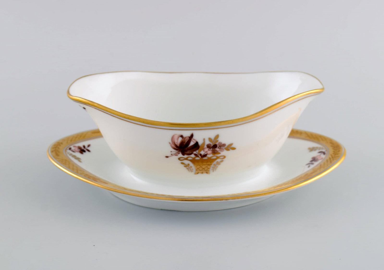 Two Royal Copenhagen Golden Basket sauce bowls in porcelain with flowers and gold decoration. Model - 5
