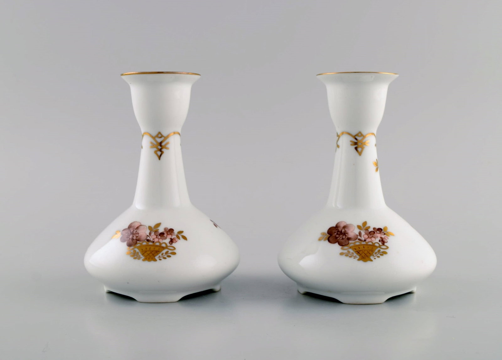 Two Royal Copenhagen Golden Basket candlesticks in porcelain with flowers and gold decoration. Model - 3