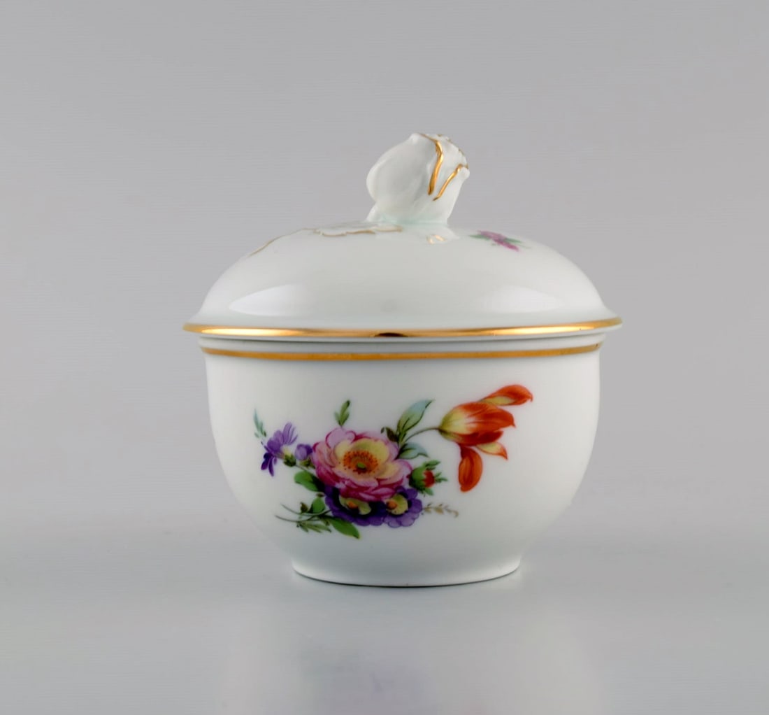 Furstenberg, Germany. Antique lidded bowl in hand-painted porcelain with flowers and gold (1 of 7)