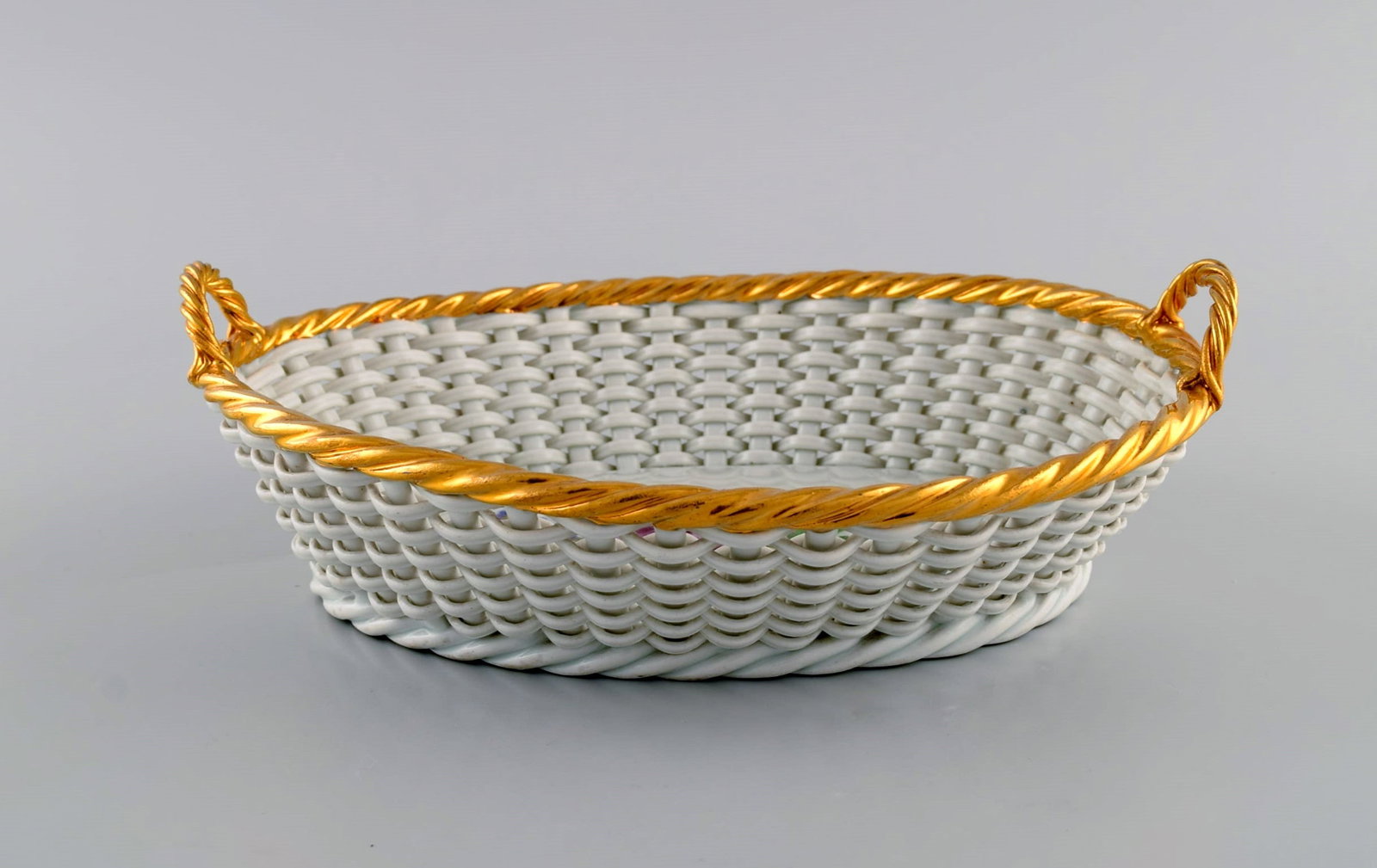 Antique Meissen braided porcelain basket with handles. Hand-painted flowers and golden border. Late - 3