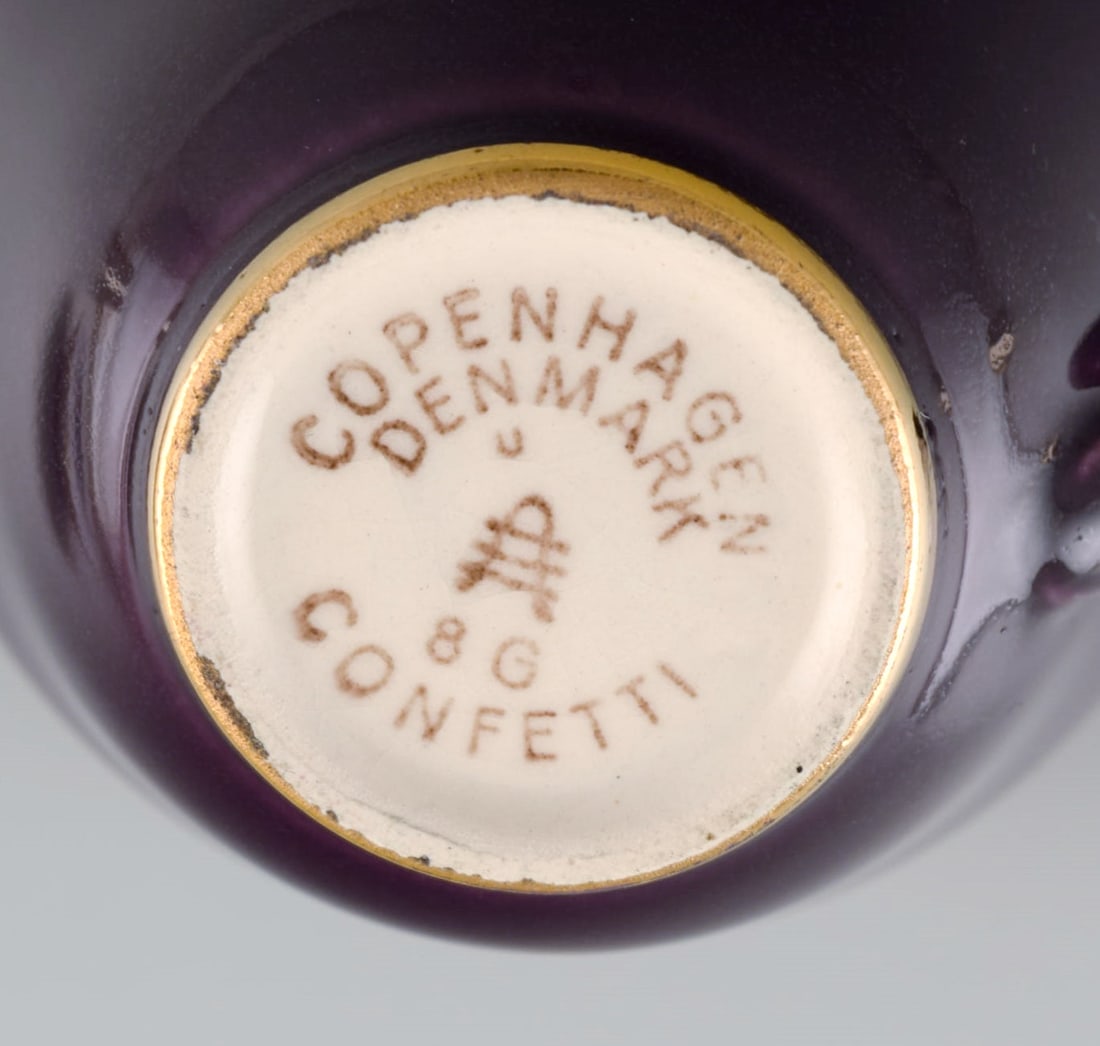 Three Royal Copenhagen / Aluminia Confetti mocha cups with saucers in purple glazed faience with - 7