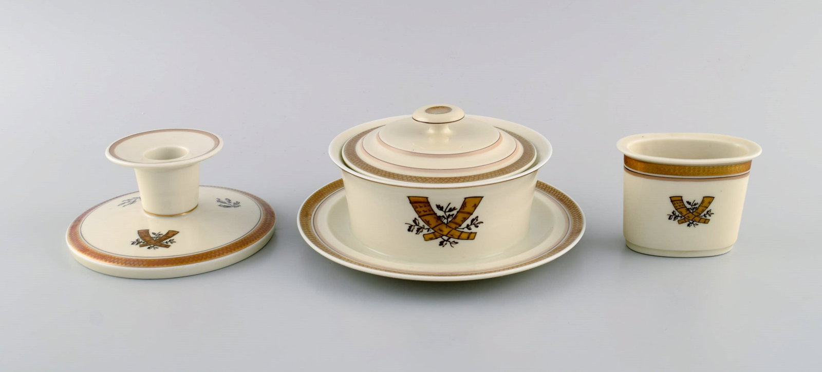 Royal Copenhagen Golden Horns. Candlestick, lidded bowl and small vase. 1960s. (1 of 8)