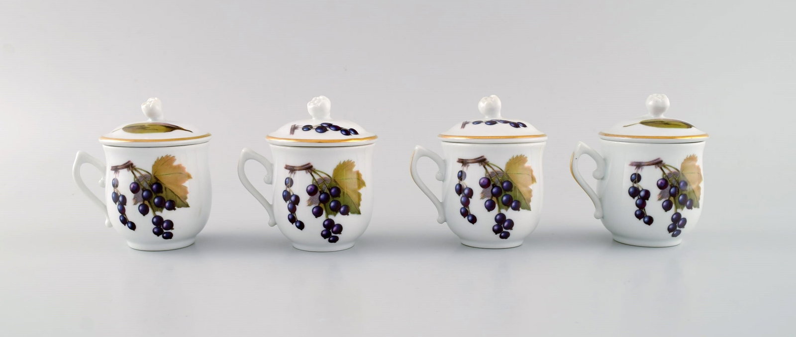 Royal Worcester, England. Four Evesham porcelain cream cups decorated with fruits and gold edge. - 3