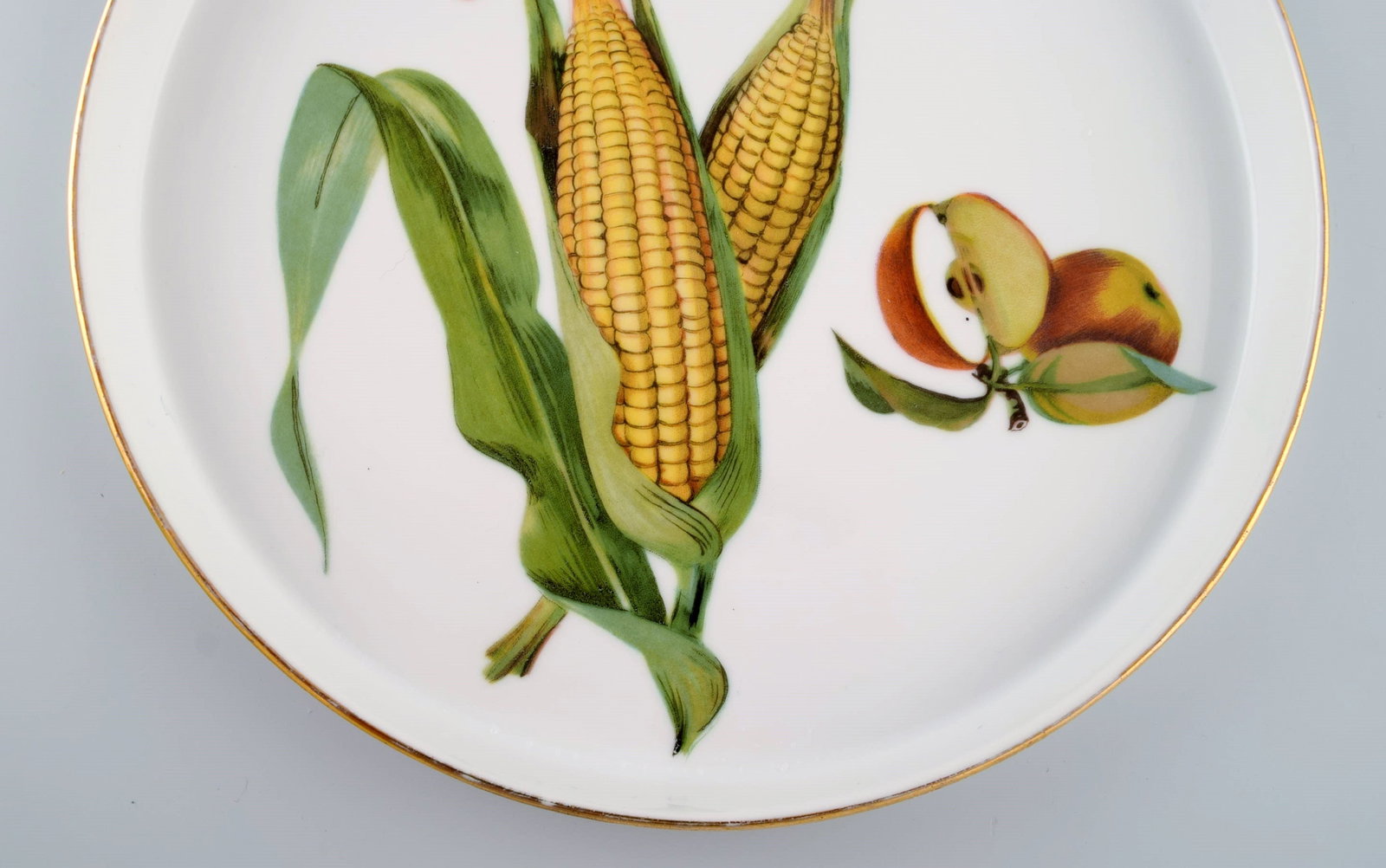 Royal Worcester, England. Six round porcelain dishes decorated with corn cobs, apples and gold edge. - 3