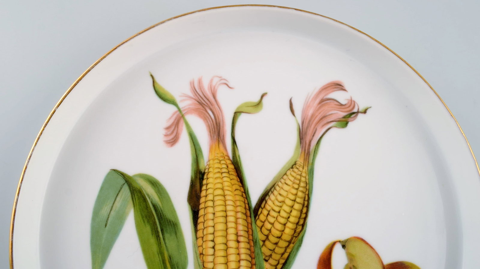 Royal Worcester, England. Six round porcelain dishes decorated with corn cobs, apples and gold edge. - 4