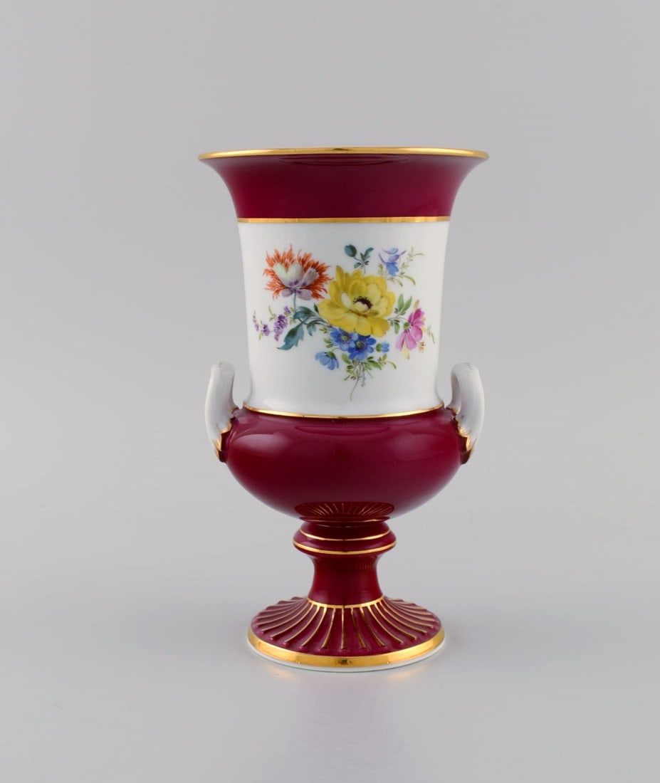 Antique Meissen porcelain vase with hand-painted flowers. Purple and gold decoration. Ca. 1900. (1 of 7)