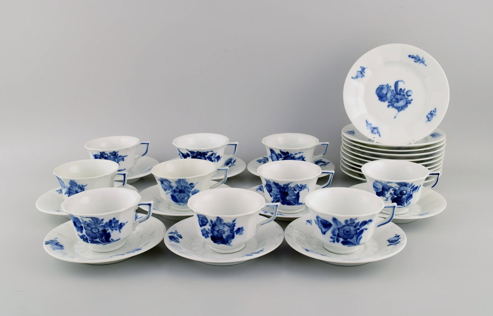 Royal Copenhagen Blue Flower Angular. Ten coffee cups with saucers and ten plates. Model number (1 of 6)