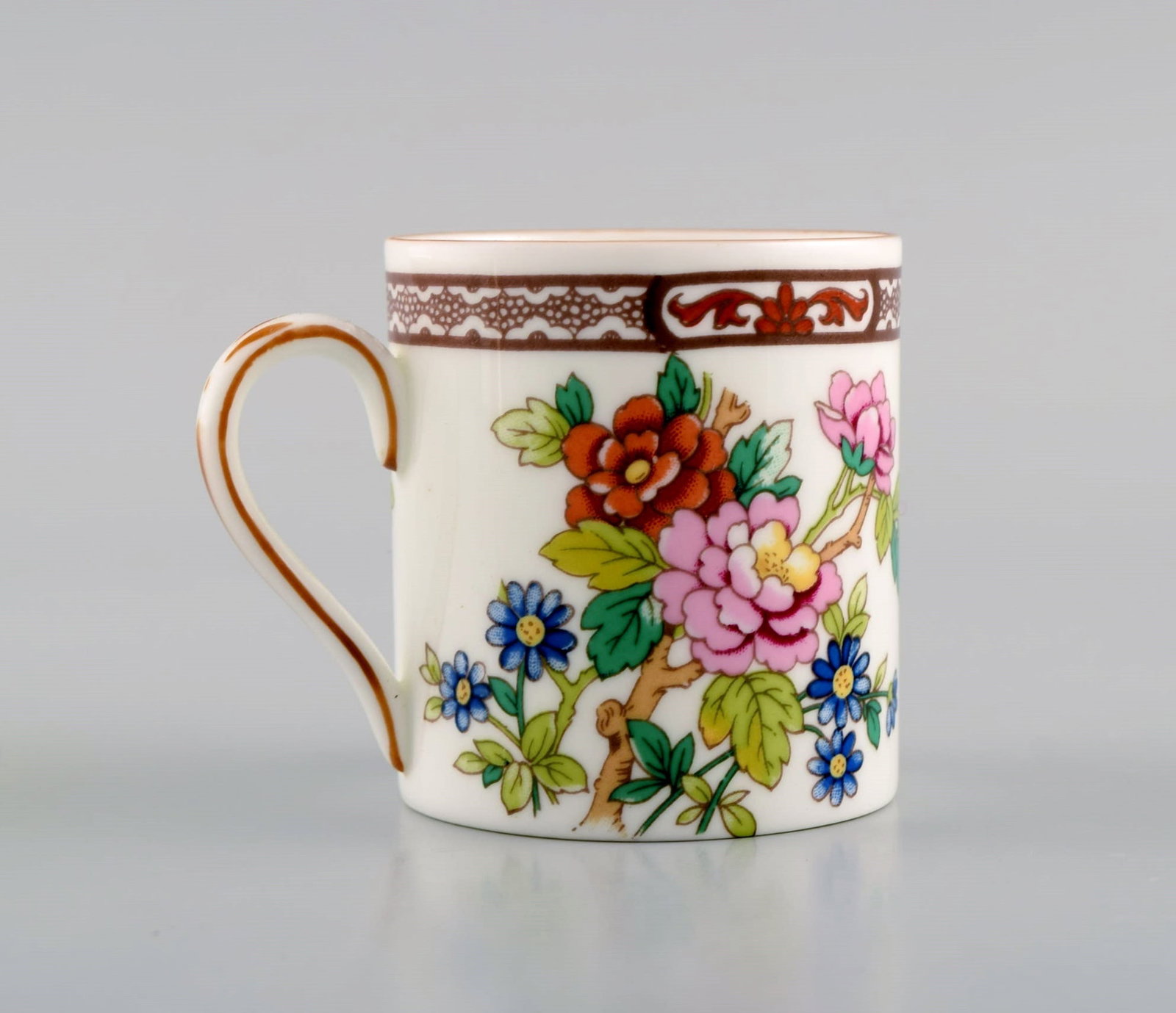 Coalport, England. Seven Flower of Tibet chocolate cups with saucers decorated with flowers and gold - 6