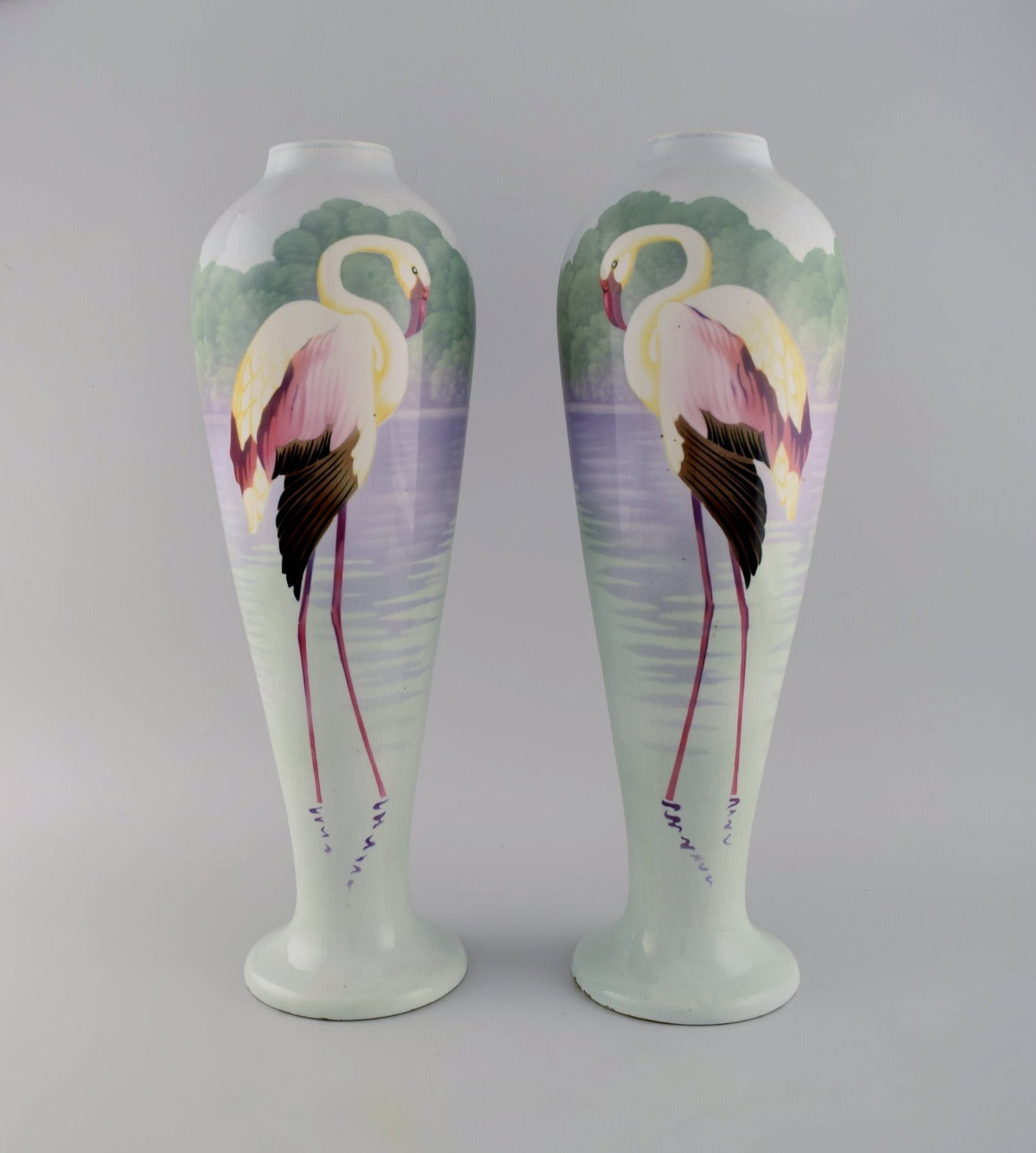 A pair of large large faience vases with hand-painted flamingos and lake pavilion. 1930s. - 2