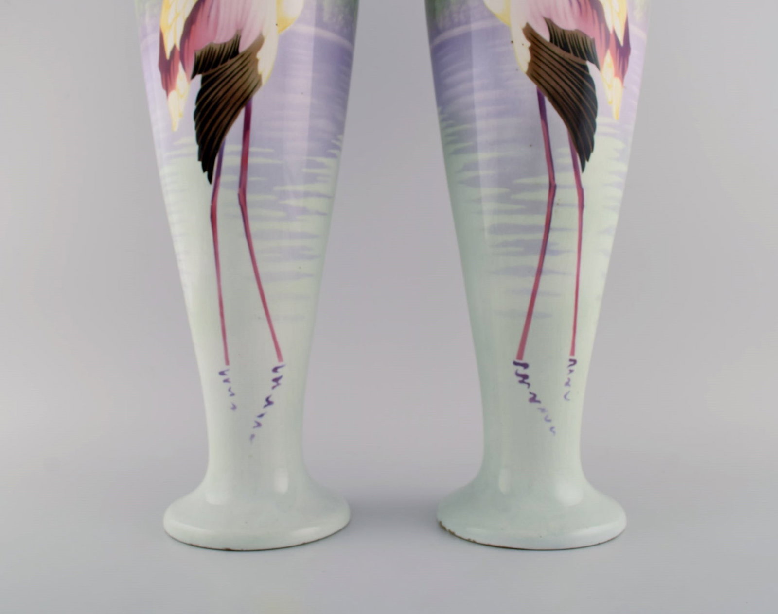 A pair of large large faience vases with hand-painted flamingos and lake pavilion. 1930s. - 4