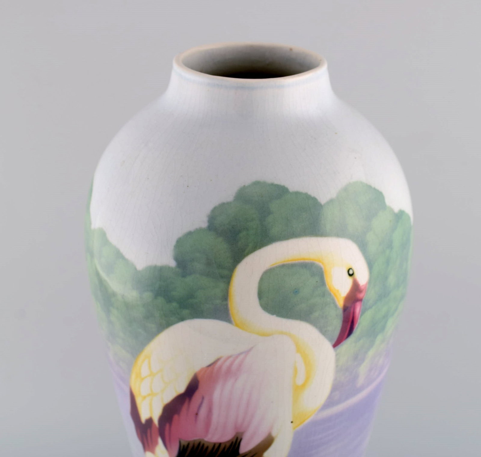 A pair of large large faience vases with hand-painted flamingos and lake pavilion. 1930s. - 6