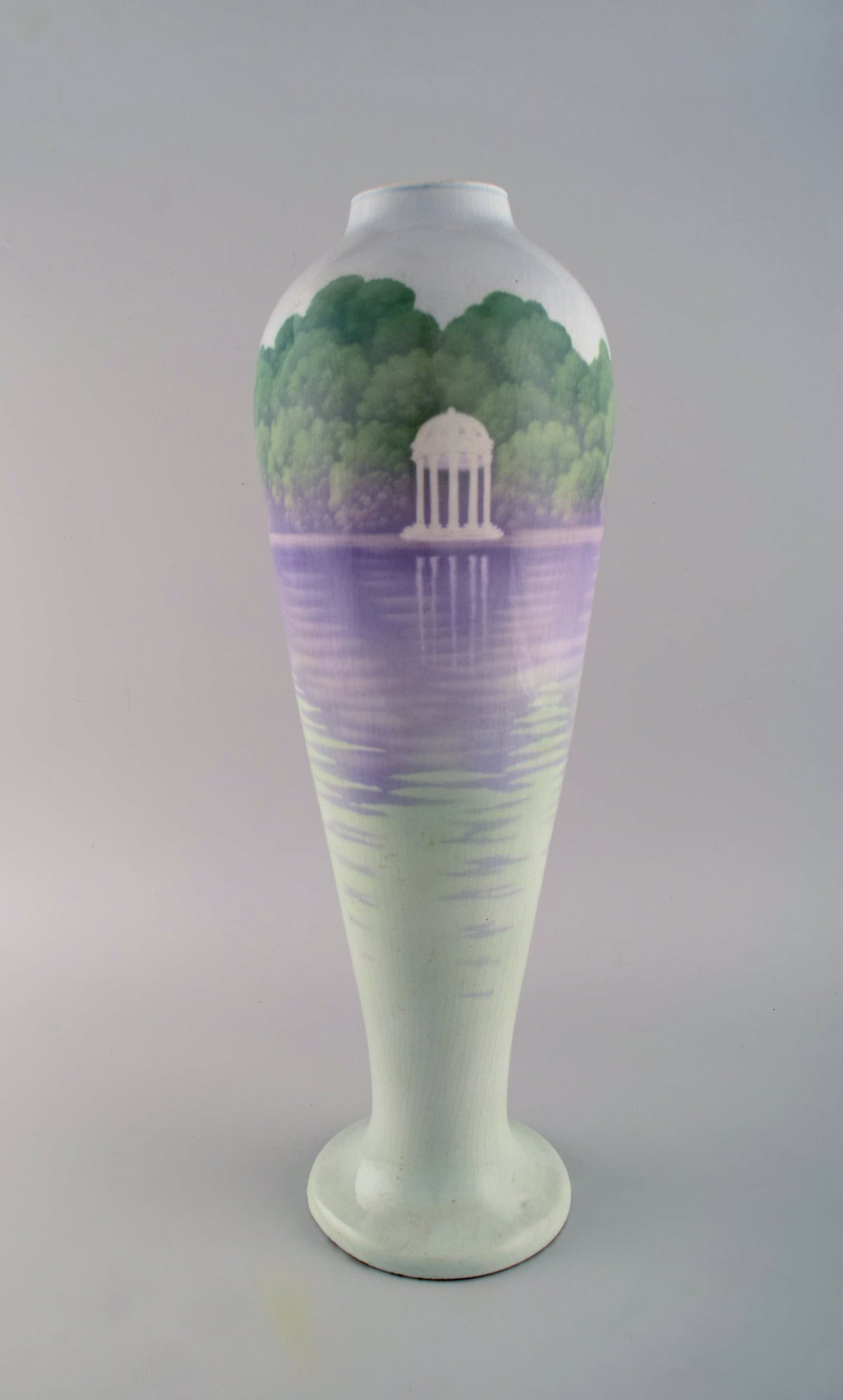 A pair of large large faience vases with hand-painted flamingos and lake pavilion. 1930s. - 7
