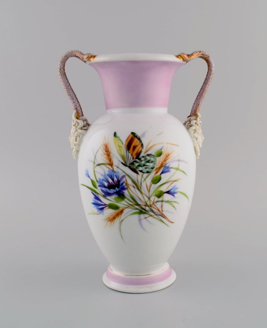 Antique Bing & Grondahl porcelain vase with hand-painted butterflies and flowers. Handles modeled as - 3