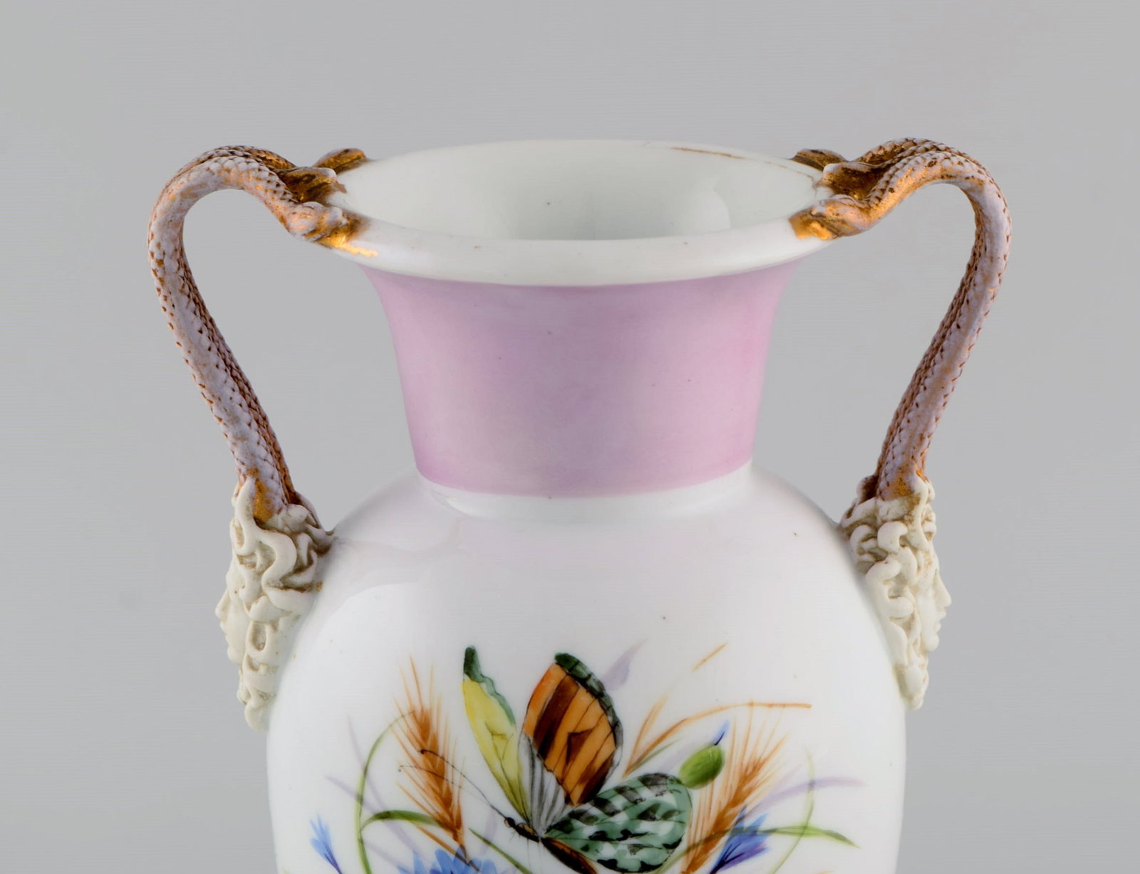 Antique Bing & Grondahl porcelain vase with hand-painted butterflies and flowers. Handles modeled as - 4
