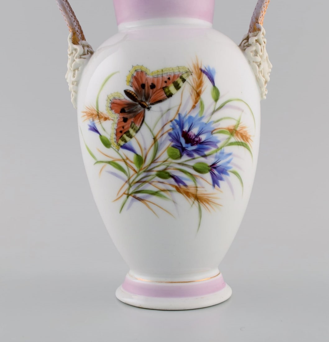 Antique Bing & Grondahl porcelain vase with hand-painted butterflies and flowers. Handles modeled as - 6