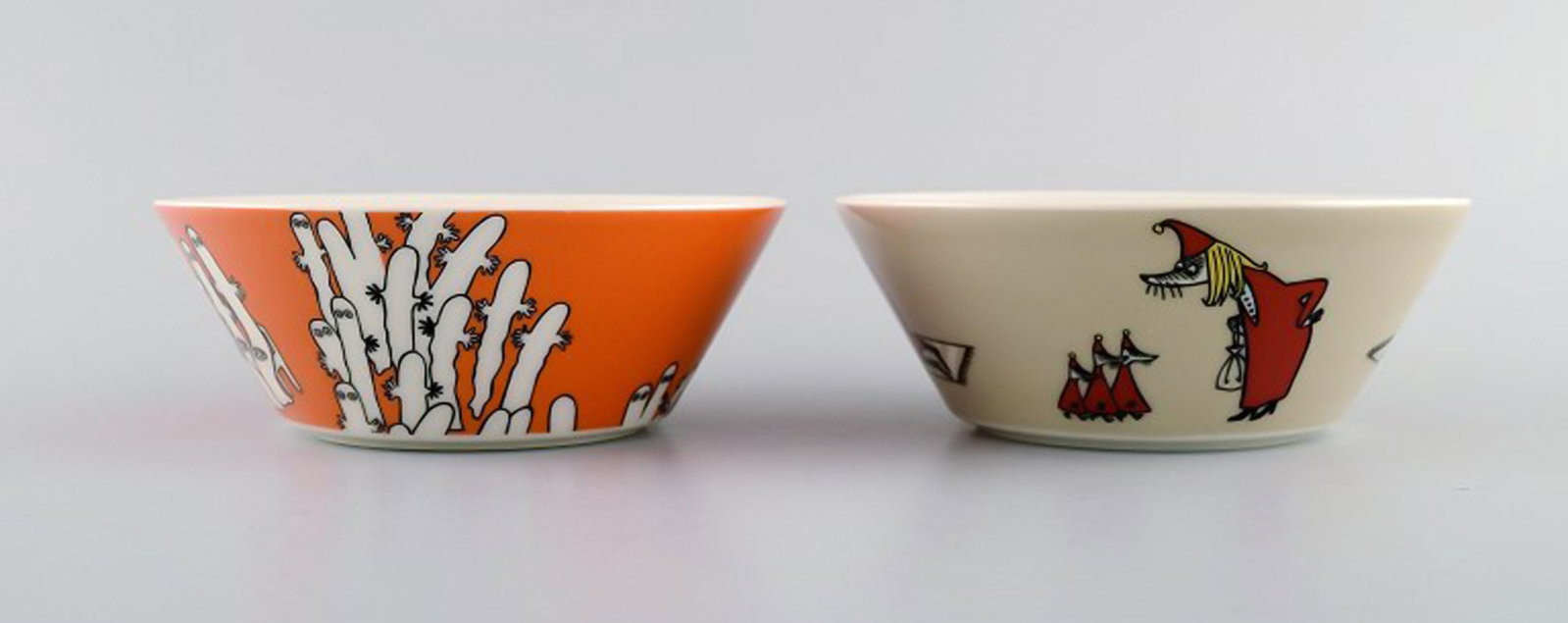 Arabia, Finland. Two porcelain bowls with motifs from "Moomin". Late 20th century.: Title: Arabia, Finland. Two porcelain bowls with motifs from "Moomin". Late 20th century. Description: Arabia, Finland. Two porcelain bowls with motifs from "Moomin". Late 20th century. In excellent c