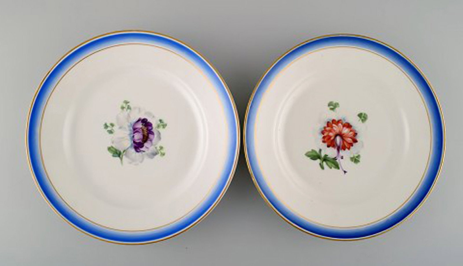 Four antique Royal Copenhagen plates in hand-painted porcelain with flowers and blue border with - 4