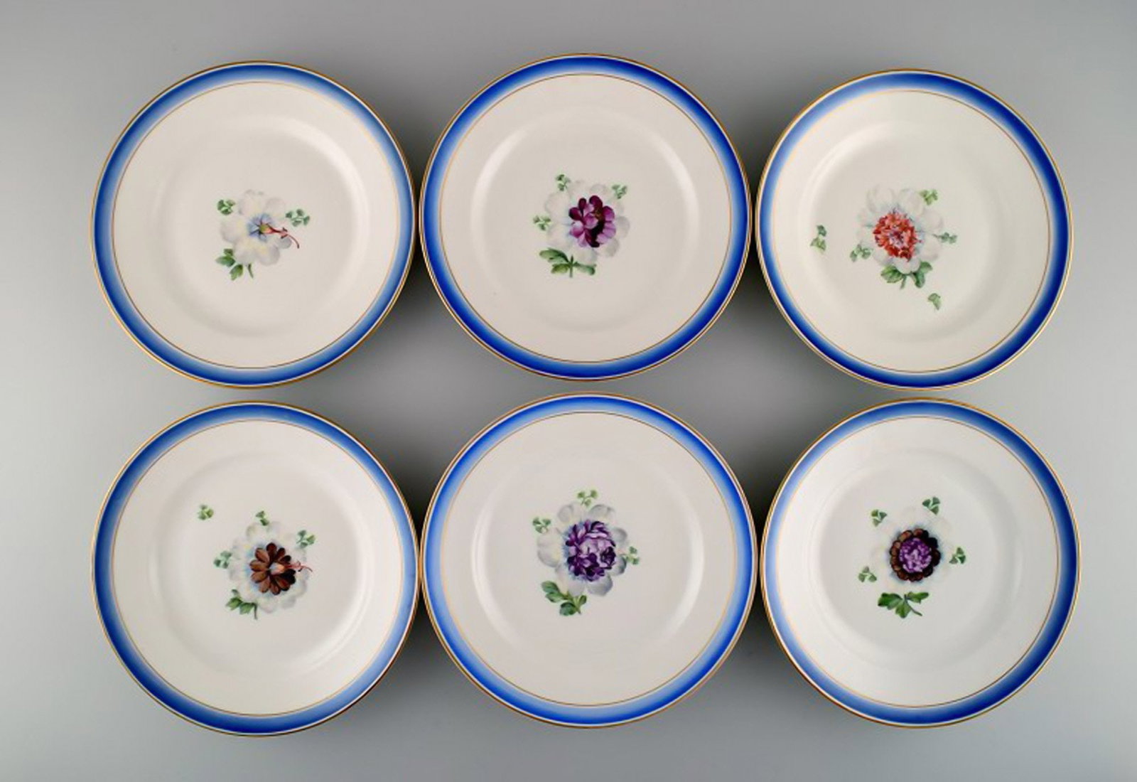Six antique Royal Copenhagen plates in hand-painted porcelain with flowers and blue border with - 2
