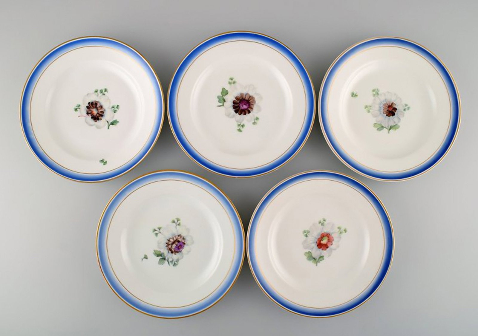Five antique Royal Copenhagen plates in hand-painted porcelain with flowers and blue border with - 2