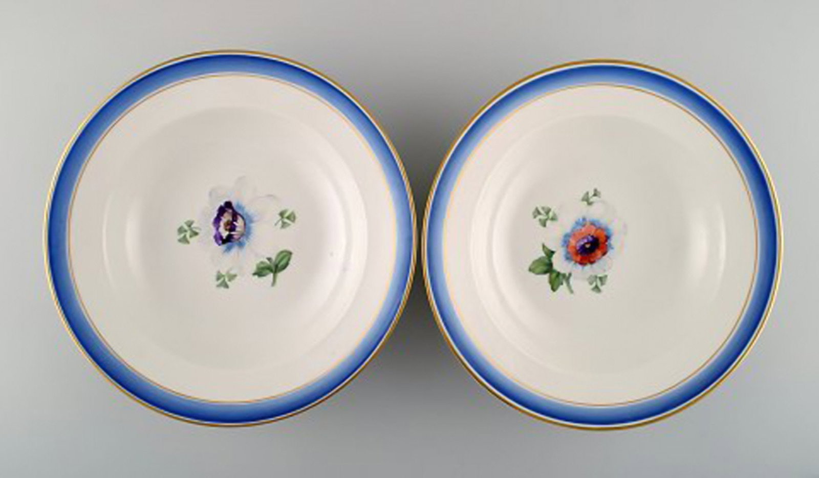 Four antique Royal Copenhagen deep plates in hand-painted porcelain with flowers and blue edge with - 3