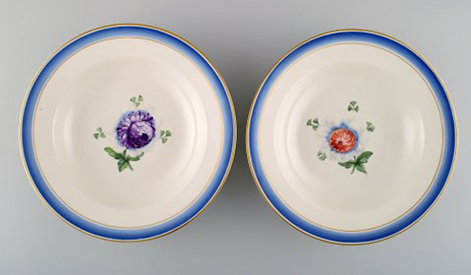 Five antique Royal Copenhagen deep plates in hand-painted porcelain with flowers and blue border - 4
