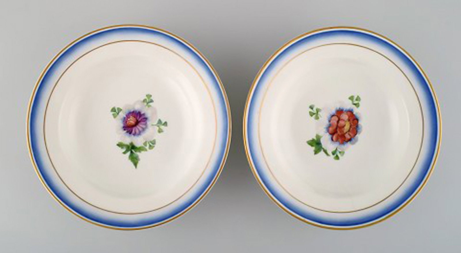 Four antique Royal Copenhagen deep plates in hand-painted porcelain with flowers and blue edge with - 4