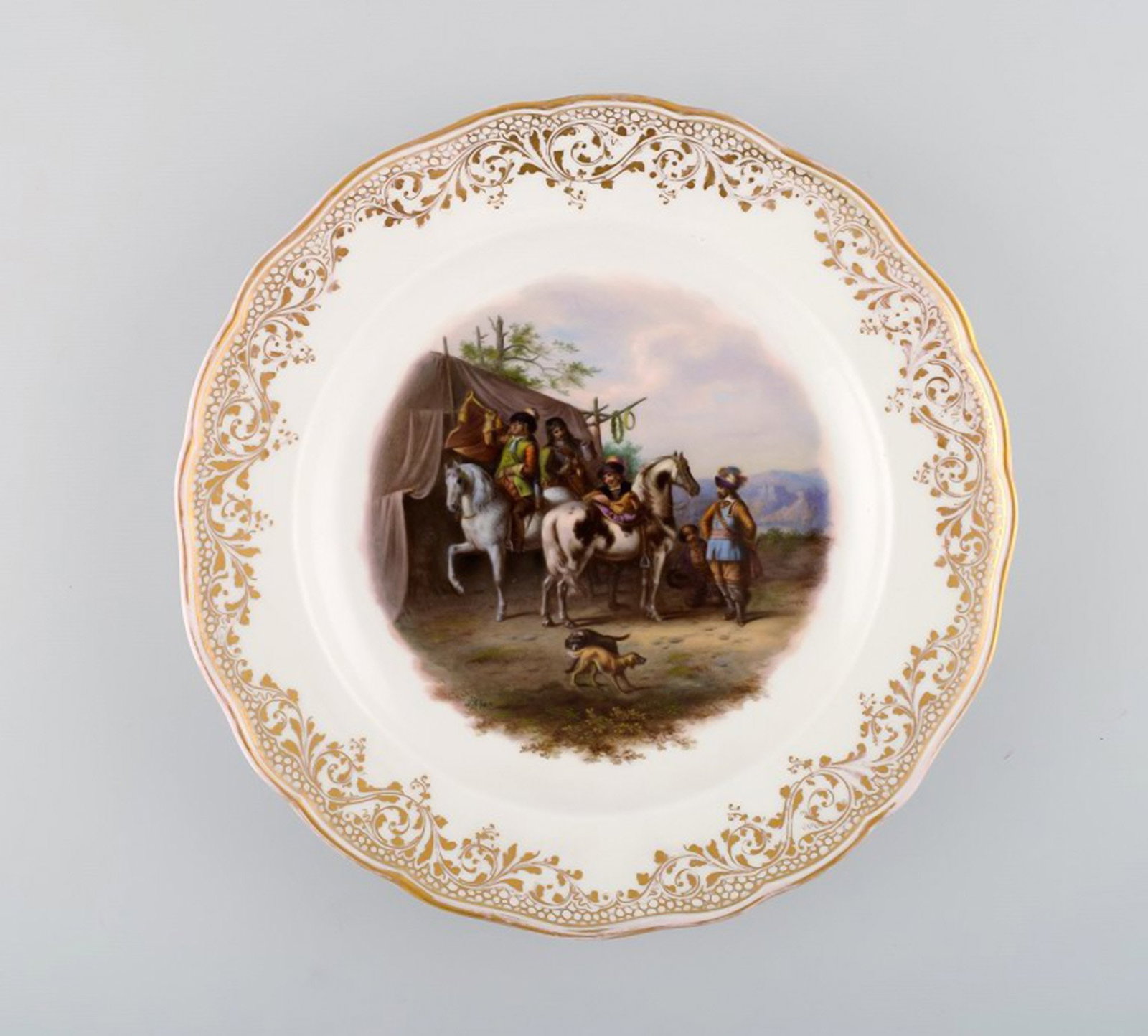 Antique Meissen decoration plate in hand-painted porcelain with hunting motif and gold decoration. (1 of 5)
