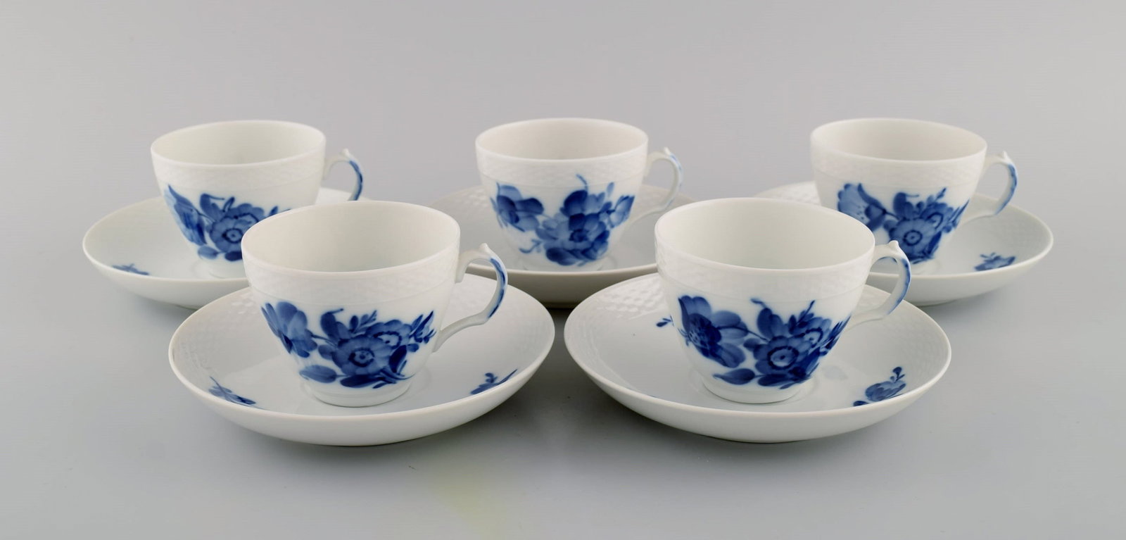 Five Royal Copenhagen Blue Flower Braided coffee cups with saucers. Mid 20th century. Model number - 2