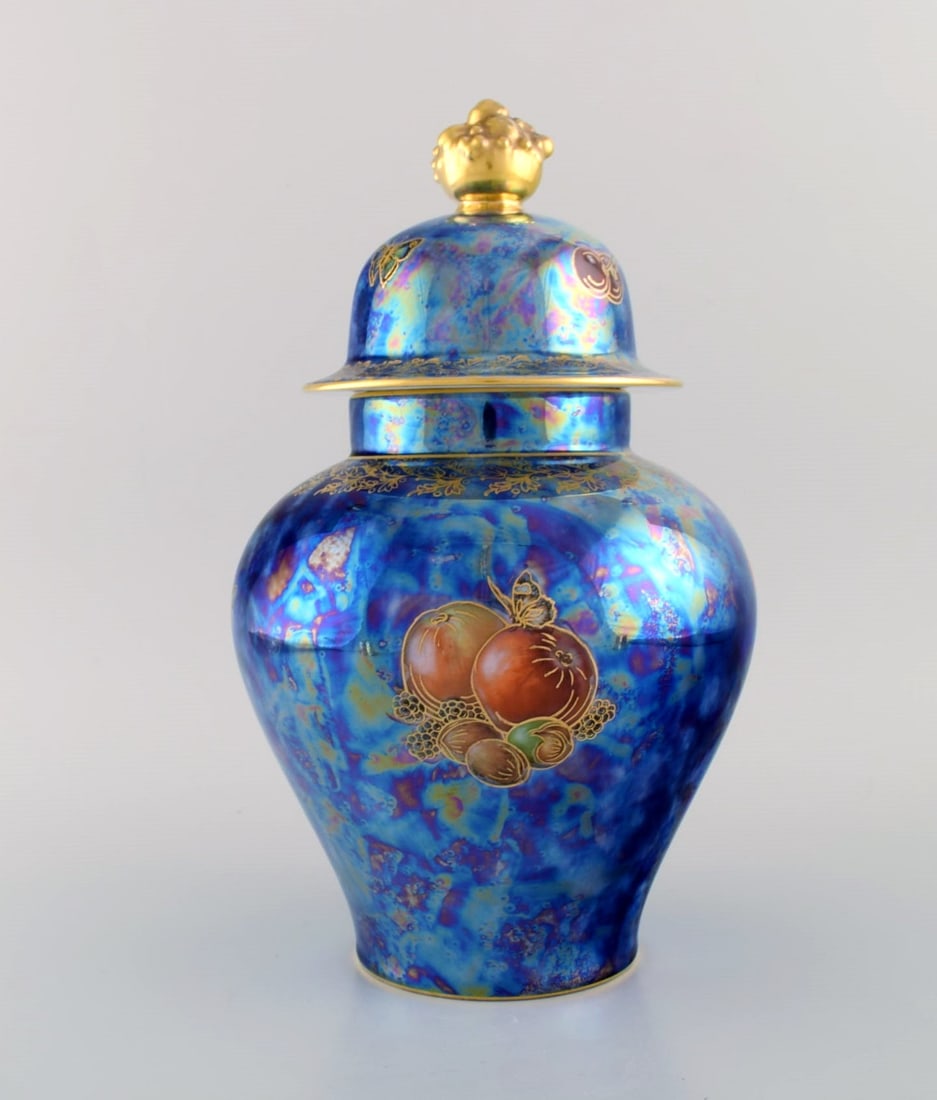 Large Rosenthal lidded jar in blue glazed porcelain with hand-painted fruits, butterflies and gold - 6