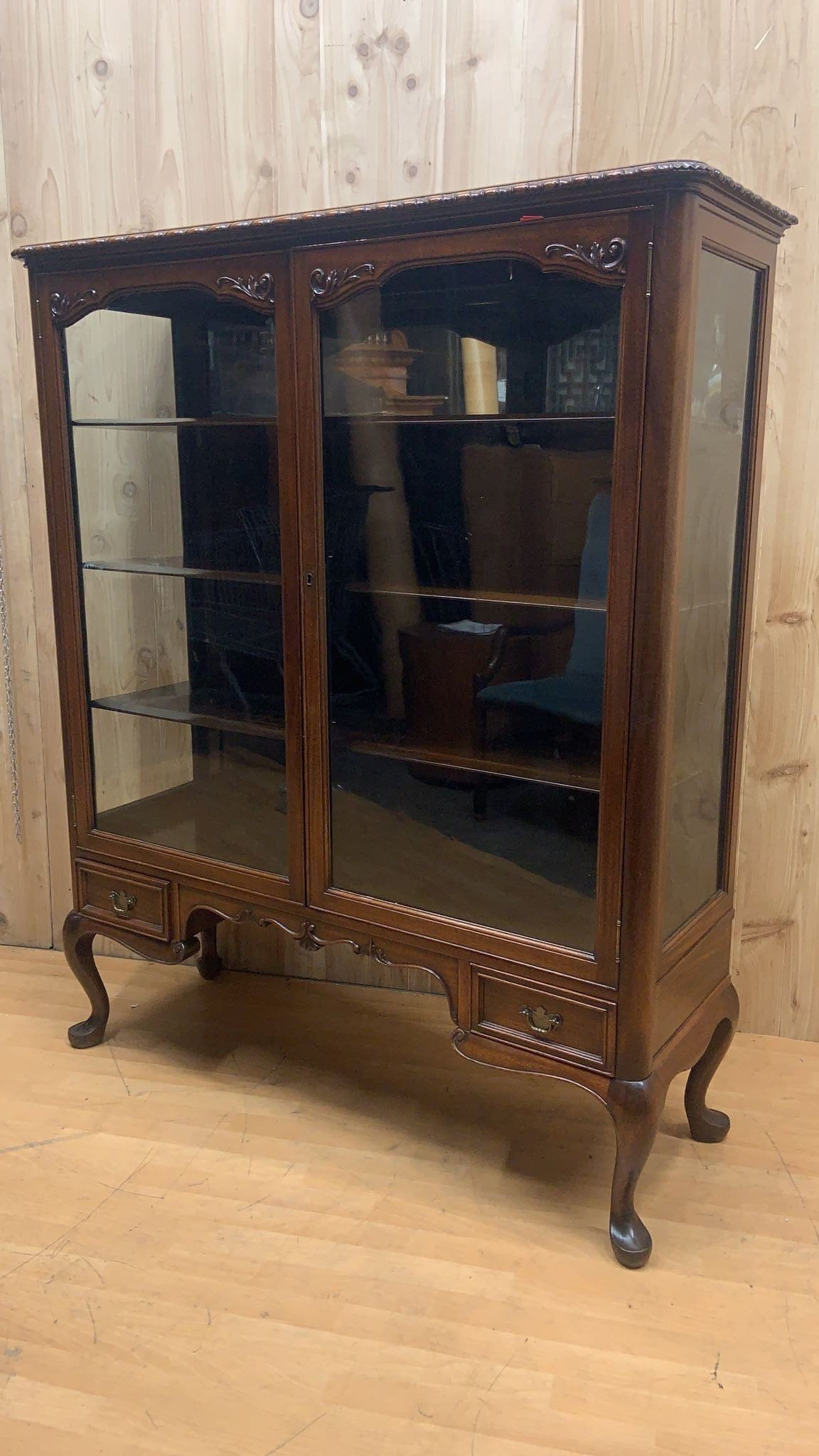 Antique Queen Anne Style Mahogany Glass Panel Bookcase/Display Cabinet - 3