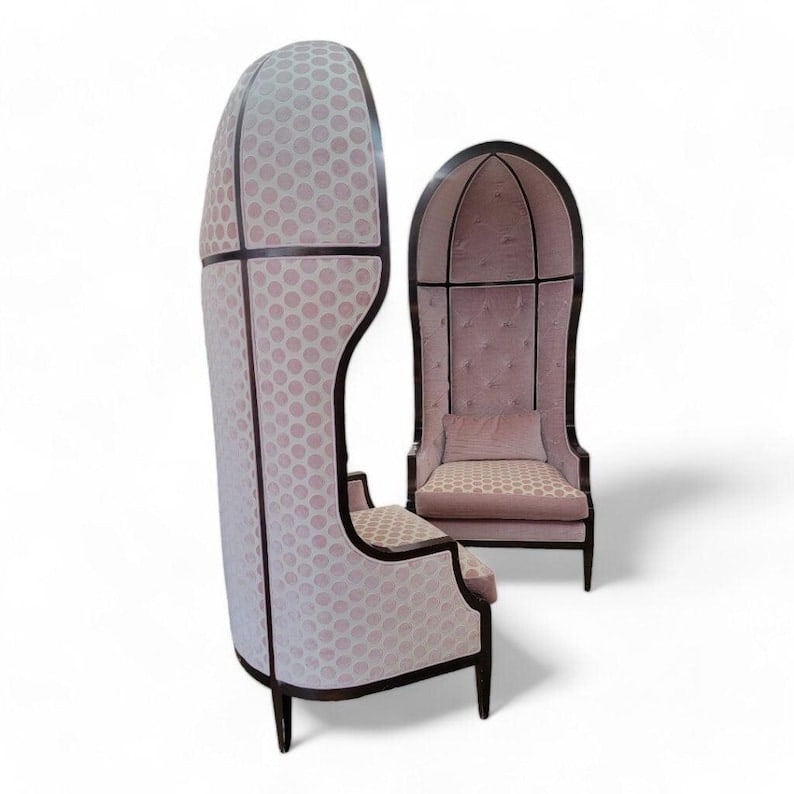 Vintage Parisian Mahogany Canopy Parlor Chairs Newly Reupholstered - Pair: .Vintage Parisian 7 Feet Tall Mahogany Canopy Parlor Chairs Newly Reupholstered in Pink Mohair and Velvet Chenille - PairImmerse yourself in the timeless charm of these exquisite vintage Parisian