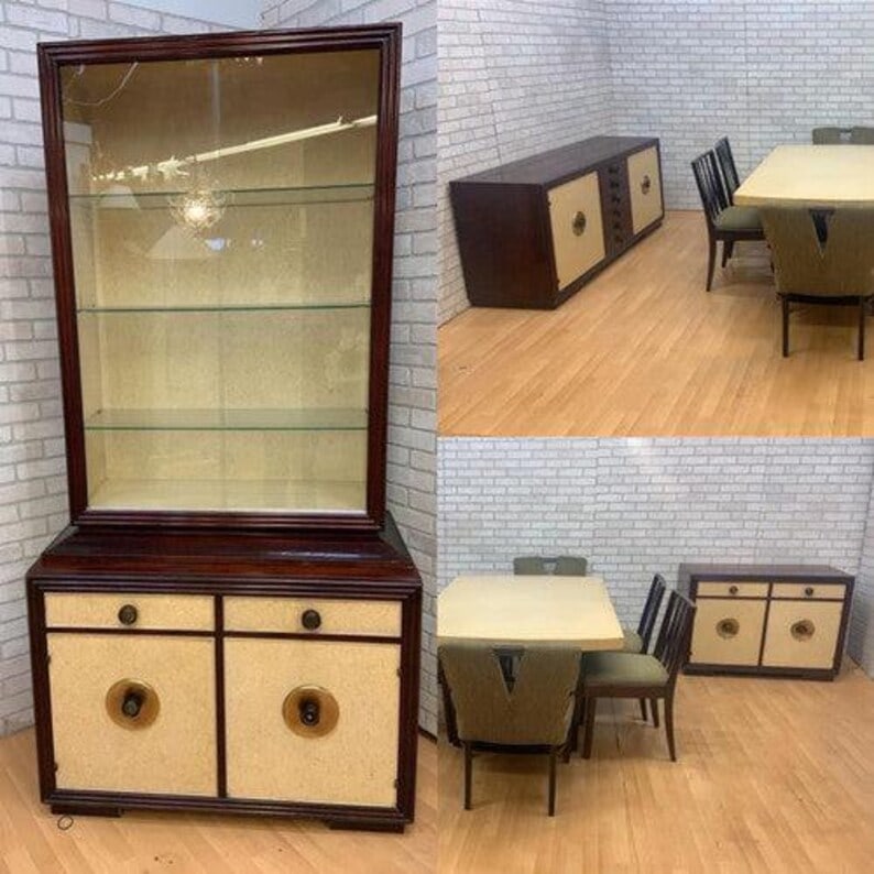 Art Deco Mahogany and Cork Buffet Cabinet by Johnson Furniture: .Art Deco Mahogany and Cork Buffet Cabinet by Paul Frankl for Johnson Furniture The 2 door breakfront cabinet mahogany and cork buffet features a separate sliding glass door display cabinet with attra
