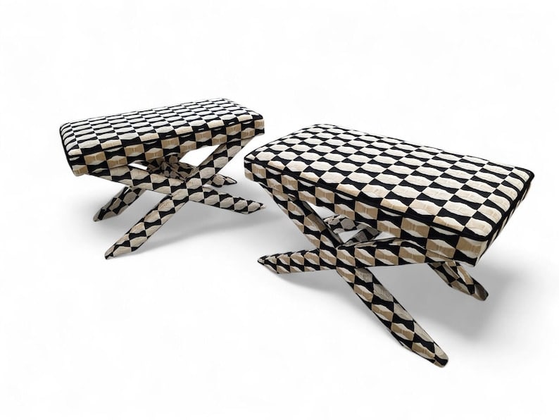 MCM X Base Ottomans/Benches Newly Reupholstered - Pair: Mid Century Modern Designer X Base Ottomans/Benches Newly Reupholstered in a Kate Spade Bow-Tie Patterned Chenille Fabric - Pair Add a playful yet sophisticated touch to your space with this pair of M