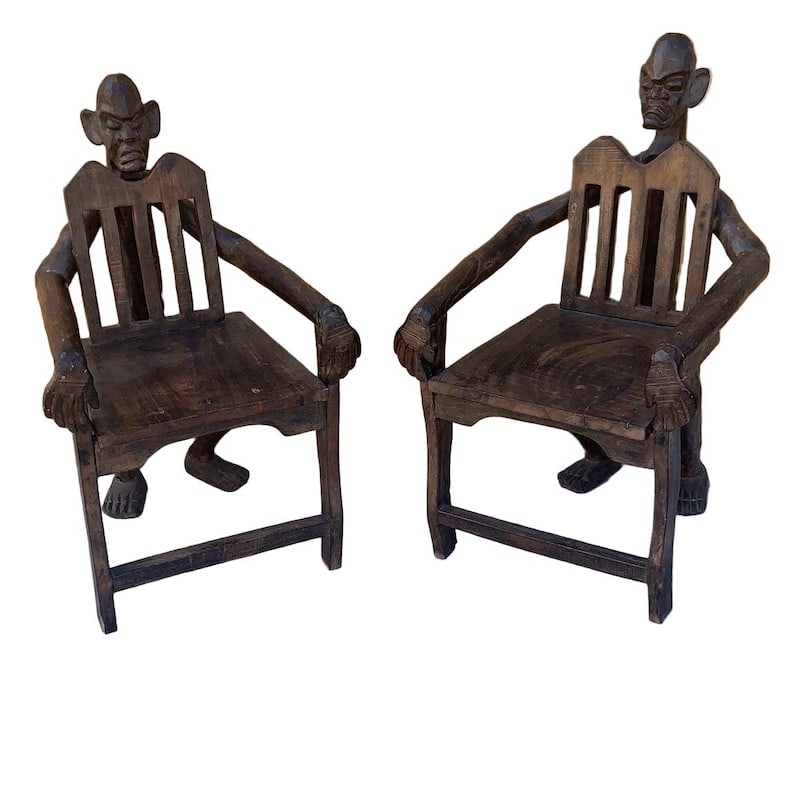 Antique African Figural Carved Armchairs - Set of 2 (1 of 8)