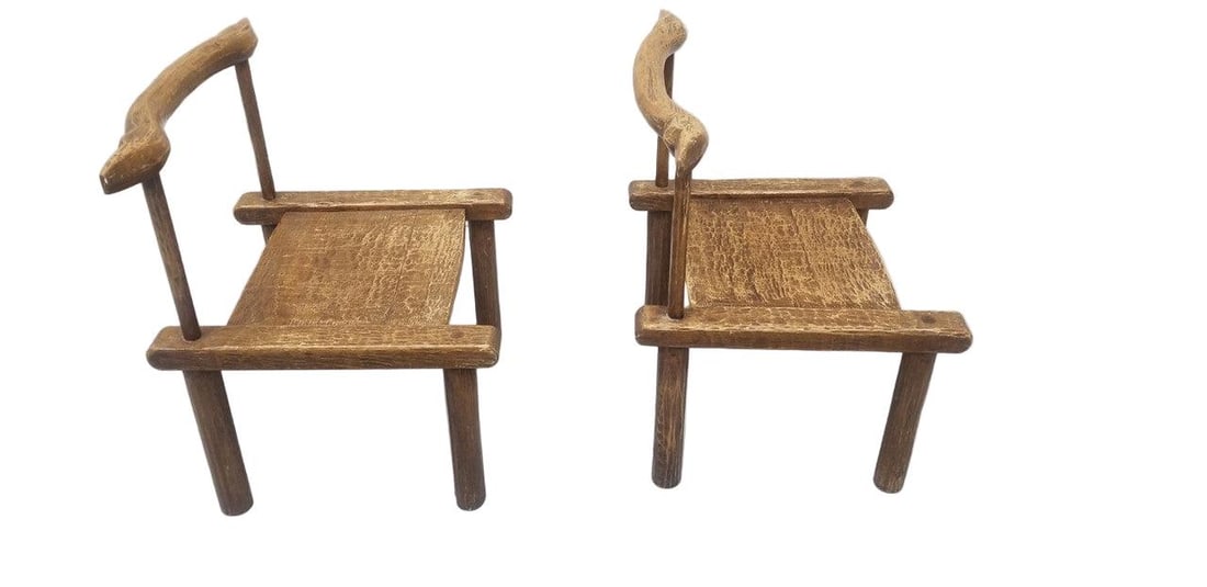 Antique Carved Low Profile Chairs - Pair - 3