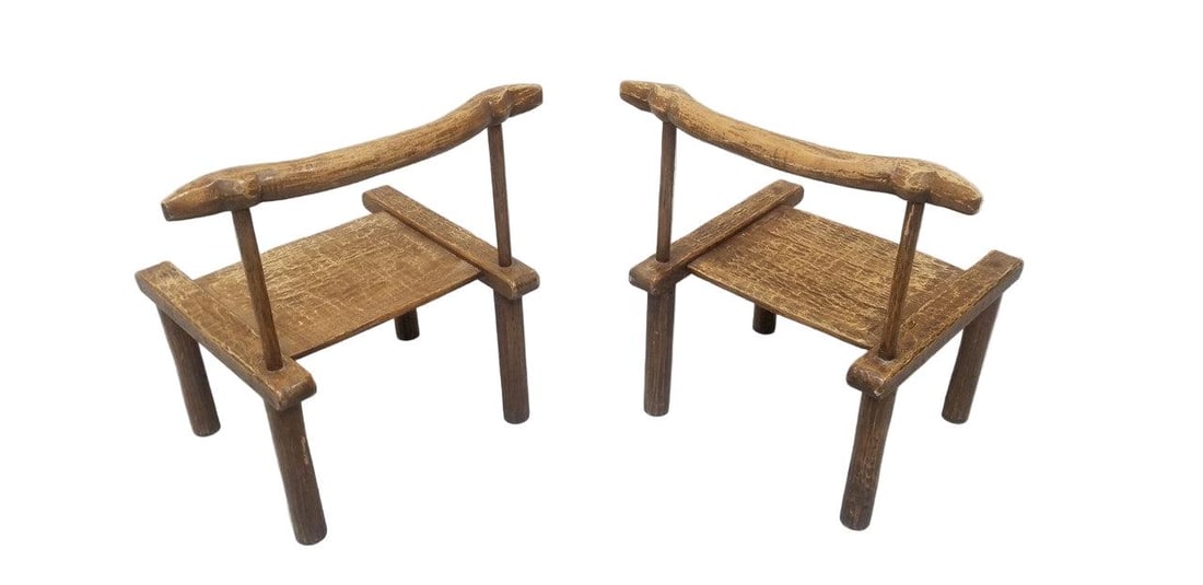 Antique Carved Low Profile Chairs - Pair - 7